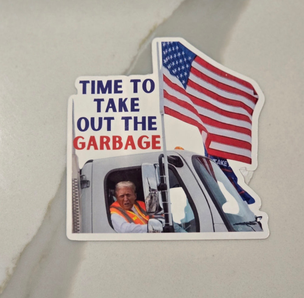 Trump Taking Out Garbage Waterproof Sticker for Laptops, Water Bottles, Phones, Tablets, and More