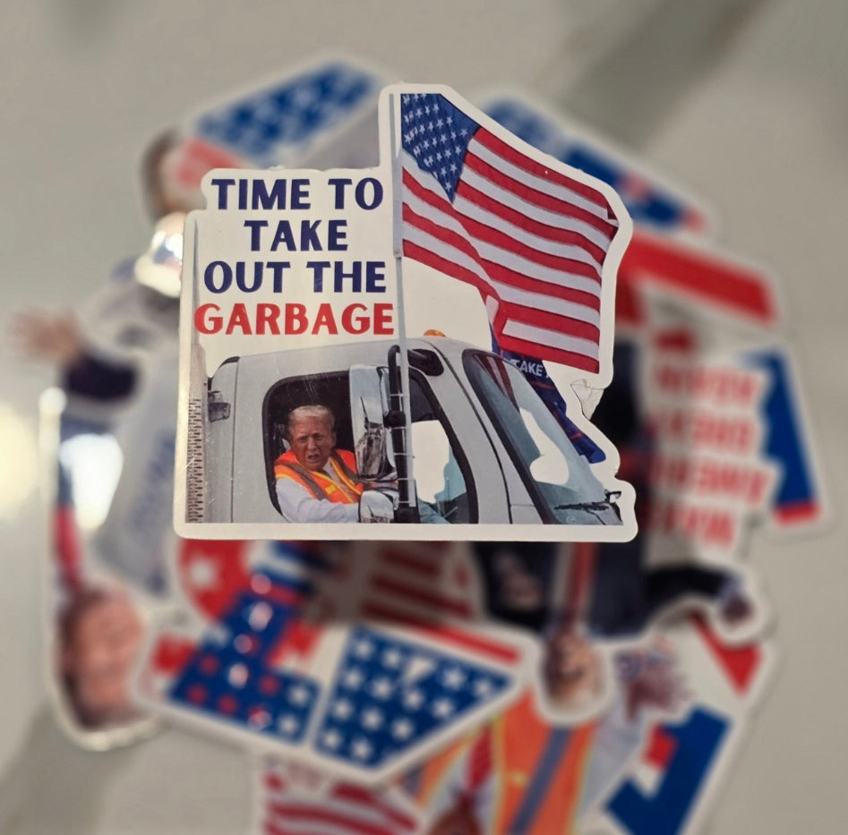 Trump Taking Out Garbage Waterproof Sticker for Laptops, Water Bottles, Phones, Tablets, and More