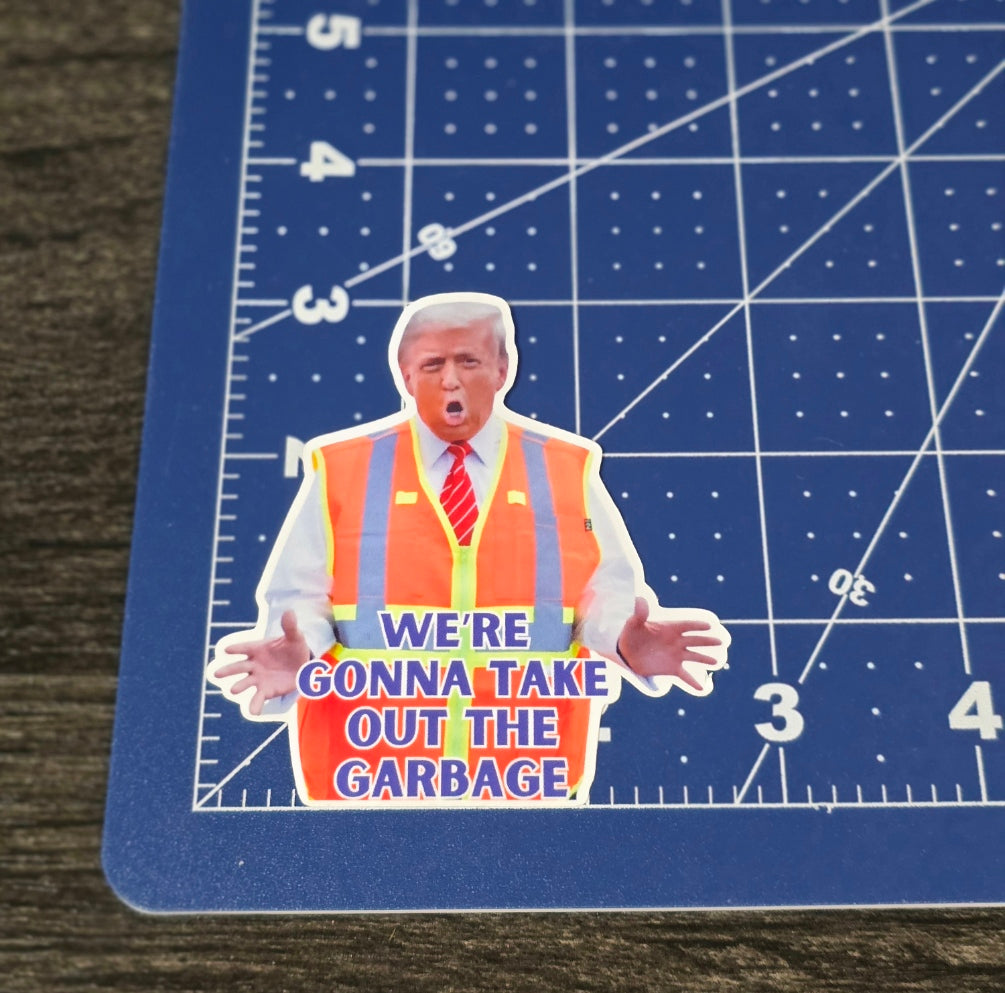 Trump Taking Out Garbage Waterproof Sticker for Laptops, Water Bottles, Phones, Tablets, and More